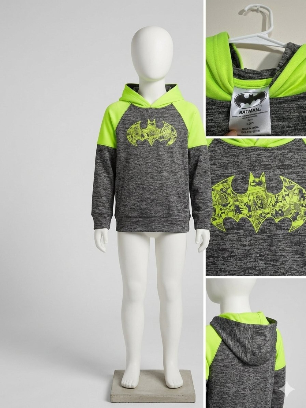 DC Comics Gray and Neon Green Batman Hoodie for Kids • Size S